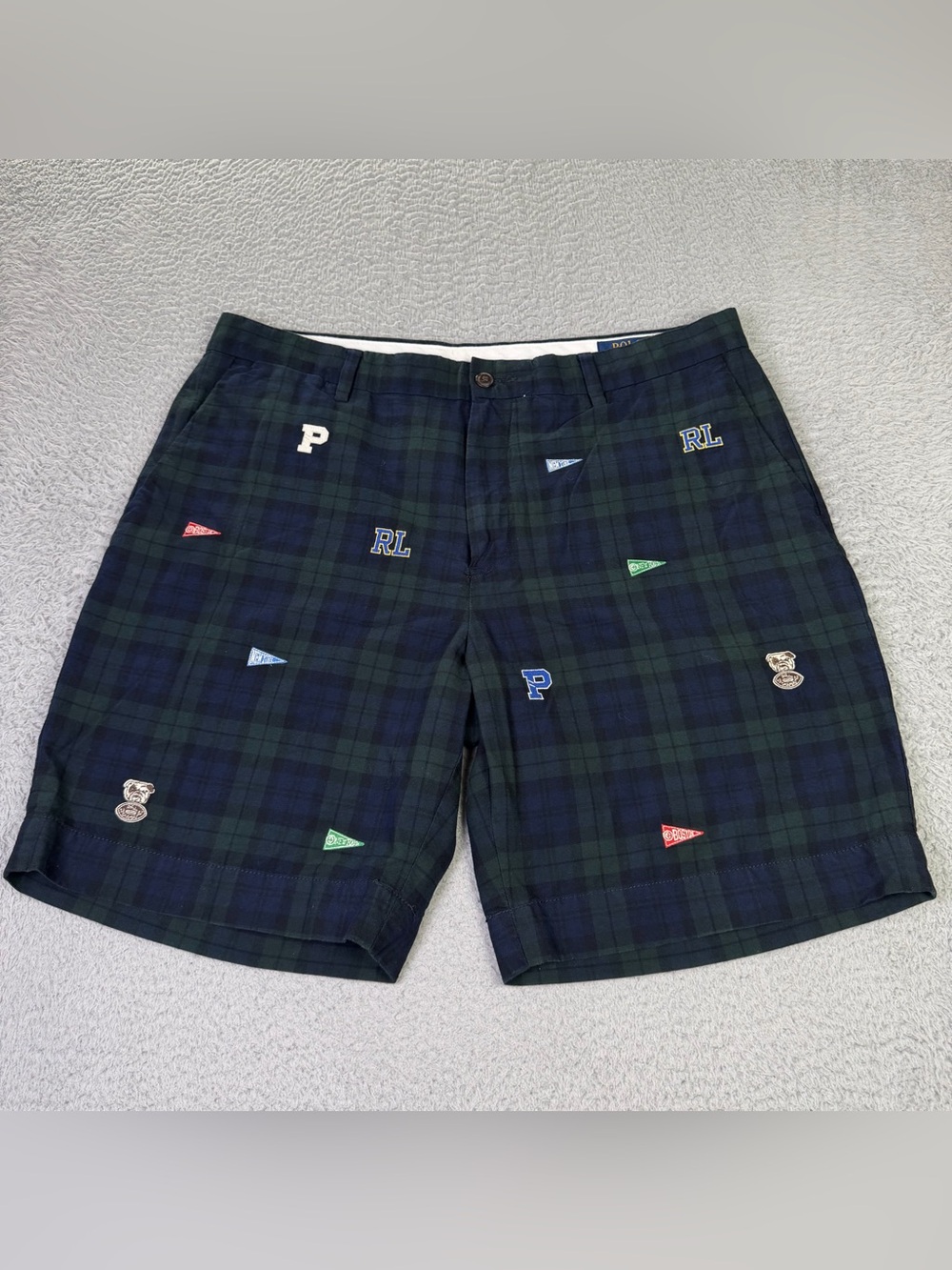 Polo Ralph Lauren Chino Shorts Mens 35 Green Tartan Plaid Embroidered College - Picture 2 of 10